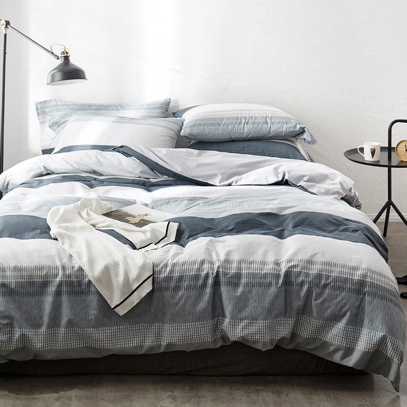 OREISE Duvet Cover Set Full/Queen Size 100% Cotton Bedding Set Gray Blue White Printed Striped Style,3Piece (1 Duvet Cover + 2 Pillowcase),Comfortable Luxurious Soft - Image 1